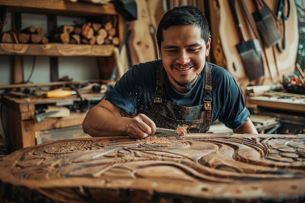 Een ondernemer die glimlacht terwijl hij met houtwerktuigen ingewikkelde ontwerpen in een stuk gerecycled hout snijdt