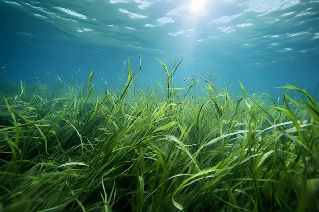 Een onderwater grasveld met zonnestralen die de scène verlichten