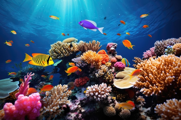 Een onderwaterbeeld van kleurrijke koraalvissen die Ai heeft gecreëerd