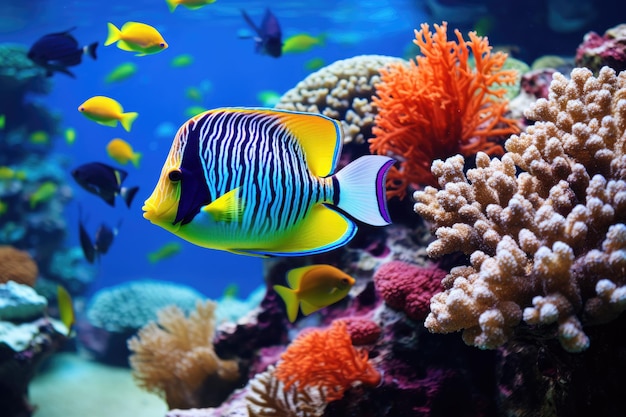 Een onderwaterbeeld van kleurrijke koraalvissen die Ai heeft gecreëerd