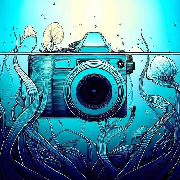 een onderwaterscène met een camera en planten