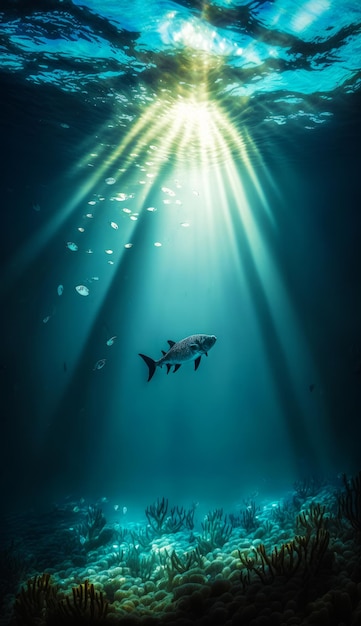 Foto een onderwaterscène met zonlicht dat door het water schijnt generatieve ai