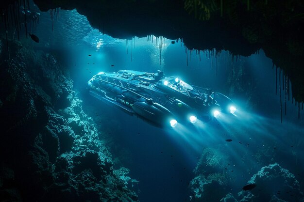 Een onderzeeër die een onderwatergrotensysteem verkent te generatieve ai