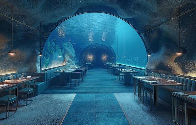 Een onderzeese eetzaal.