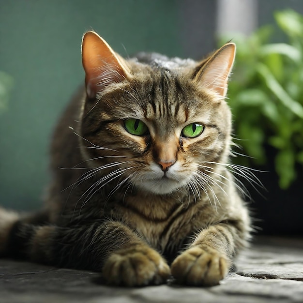 Een ondeugende Cyperse kat met felgroene ogen en zijn staart trillende Ai gegenereerd