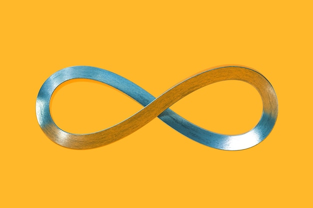 Een oneindigheidssymbool gemaakt van glanzende vierkante metalen buizen op een gele achtergrond 3d-rendering