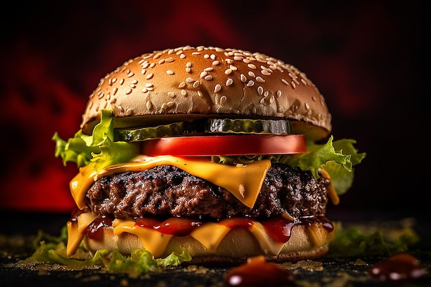 Een ongelooflijk mooie en heerlijke hamburger op een zwarte achtergrond AI Generative