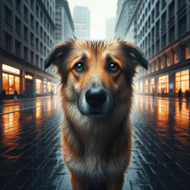 Foto een ongelukkige, hongerige, gemengde, natte hond zit op een stadsstraat en kijkt in de lens.