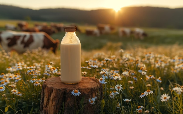 Een ongerepte melkfles op een oude stomp tussen koeien en bloeiende wilde bloemen