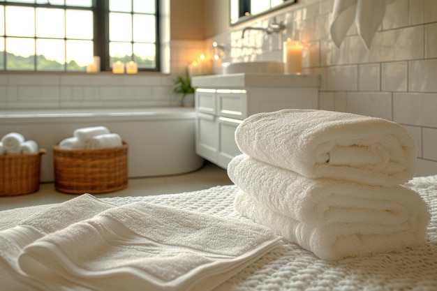 Een ongerepte witte handdoek hangt in een goed verlichte badkamer die comfort en schoonheid uitnodigt