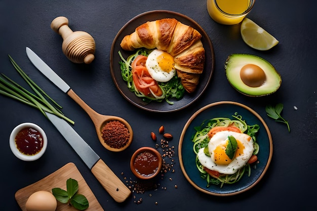 een ontbijt met eieren, eieren en avocado staat op tafel.