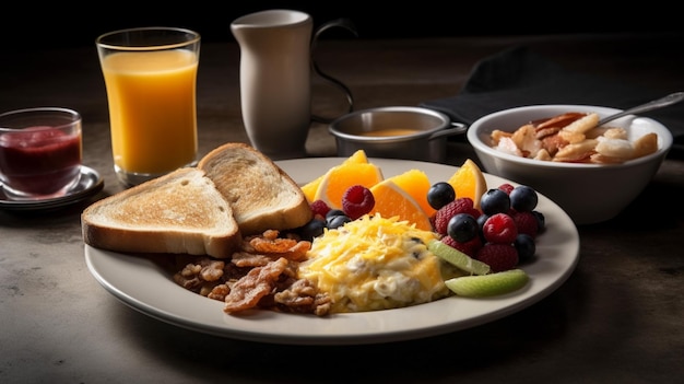 Een ontbijtbord met een glaasje jus d'orange en toast