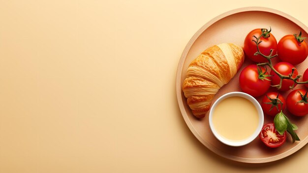 Foto een ontbijtplaat met een tomate ei en croissant op een beige achtergrond generatieve ai