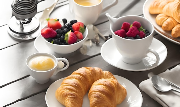 Een ontbijttafel met een bord croissants en een kopje koffie