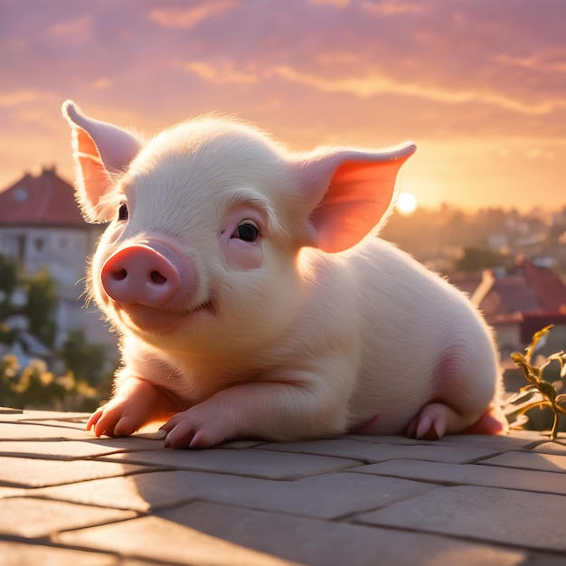 Een ontroerend schattig varken ligt comfortabel op de geplaveide stenen, verwarmd door de stralen van de zonsondergang.