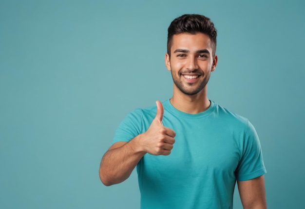 Een ontspannen jonge man in een blauwblauw T-shirt glimlacht en geeft een duim omhoog als teken van toevallige goedkeuring en