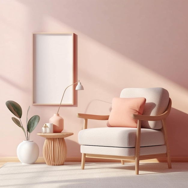 Een ontspannende woonkamer met een lichtroze accentmuur in een generatieve ai in minimalistische stijl