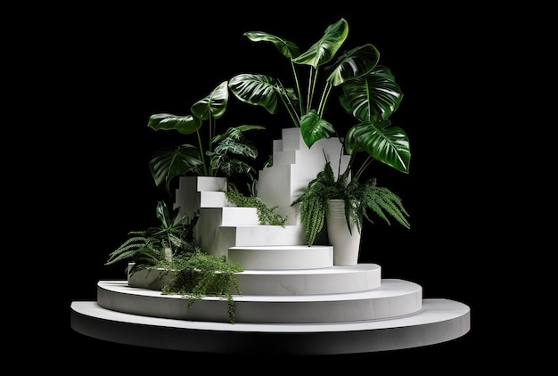 een ontwerp voor het podium met witte stenen treden, groene bladeren en planten