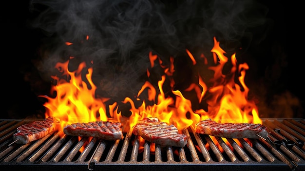 Foto een ontwerpfoto met een barbecue grill ondergedompeld in een vurige hel tegen een zwarte achtergrond