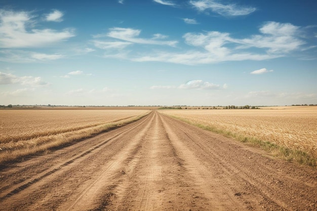 een onverharde weg met een hemelachtergrond en een tarweveld.