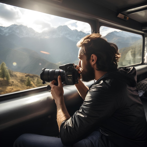 Foto een onverschrokken fotograaf maakt prachtige foto's van het landschap