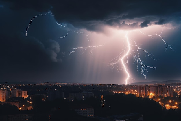 Een onweersbui boven een stad met een donkere lucht en een stad op de achtergrond