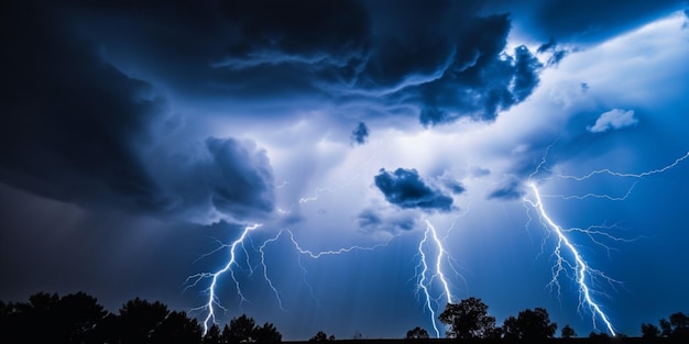 Een onweersbui met een donkerblauwe lucht en wolken