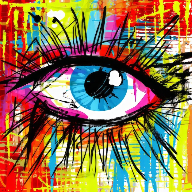 Een oog in een kaleidoscoop Het oog is blauw met een zwarte pupil en omringd door zwarte wimpers een abstract patroon met strepen van geel rood roze en groen