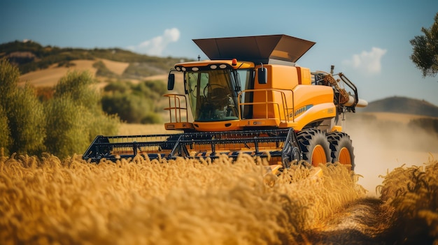 Een oogstmachine die op een veld werkt