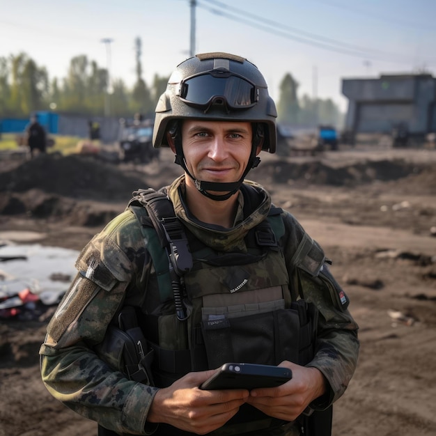 Een oorlogscorrespondent in een kogelvrij vest en een helm