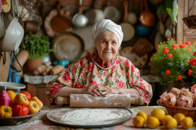 Een Oost-Europese grootmoeder in de keuken met een rolspeld in haar handen bereidt deeg