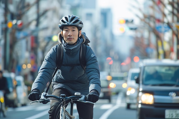 Een oosterse man rijdt op een fiets op een drukke stadsstraat.