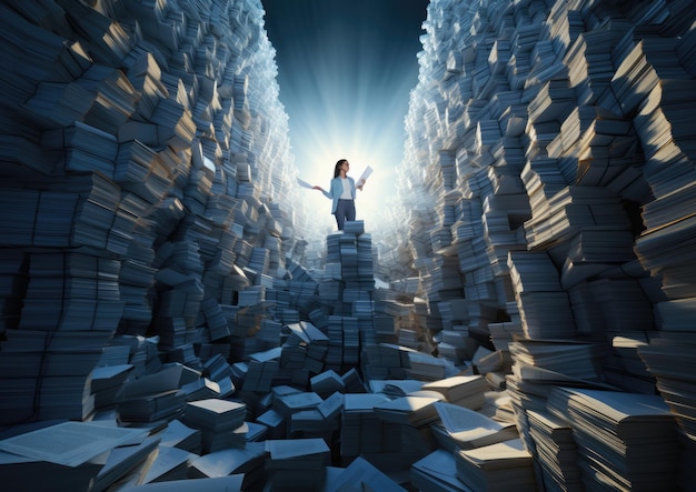 Een op installatiekunst geïnspireerd beeld van een paralegal omringd door torenhoge stapels juridische documenten