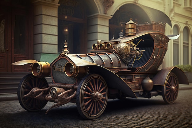 Een op steampunk geïnspireerde auto met een glimmende metalen afwerking, extra grote wielen en koperen details gegenereerd door AI