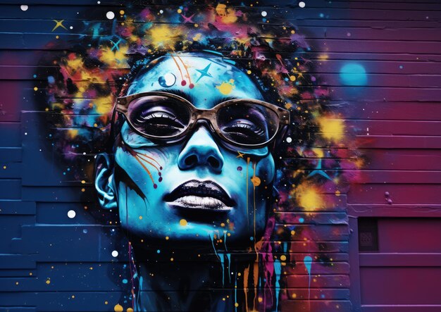Een op straatkunst geïnspireerd beeld van een astronoom geschilderd op een bakstenen muur met kleurrijke sterrenstelsels en