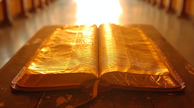 Foto een open bijbel zit op een houten tafel in een kerk met licht dat erop schijnt