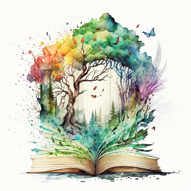 een open boek met een boom en vogels in het midden generatieve ai