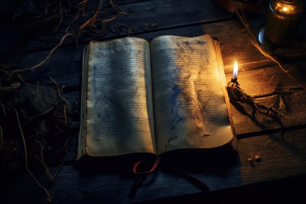 Foto een open boek op een houten tafel.