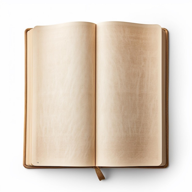 Een open boek vastgelegd in een highkey-palet op een witte achtergrond. Het ontwerp is minimalistisch en grootschalig met lichte brons- en beige tinten, leertexturen en houtelementen