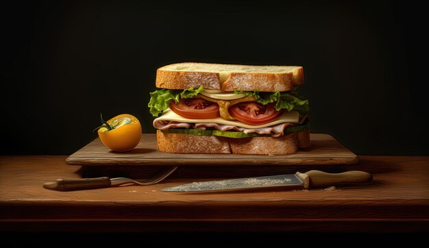 een open gevulde sandwich op een houten plank in de stijl van iconische beelden