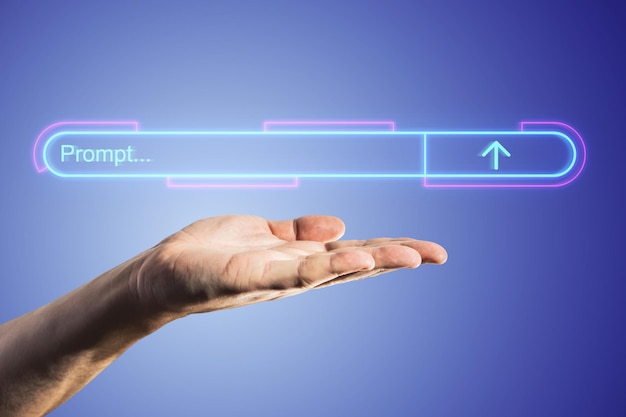 Een open hand met een neonglow-effect van een pijl en een prompt daarboven tegen een blauwe achtergrond met een futuristisch concept