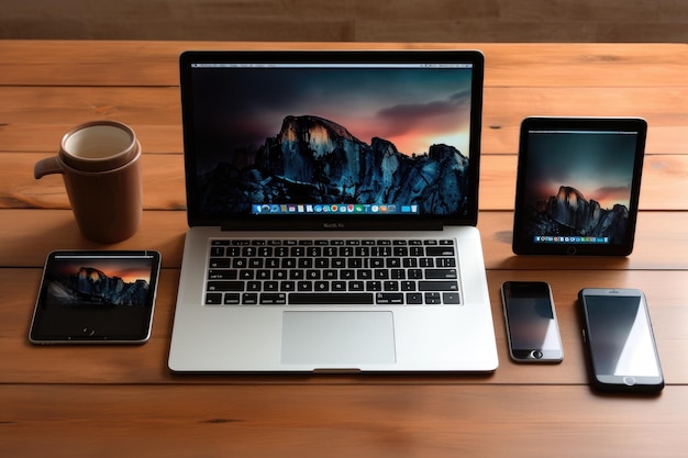 Een open laptop die op een houten tafel rust en de synergie tussen technologie en een goed uitgeruste werkruimte toont. Laptop, smartphone en tablet verspreid over een houten tabel.