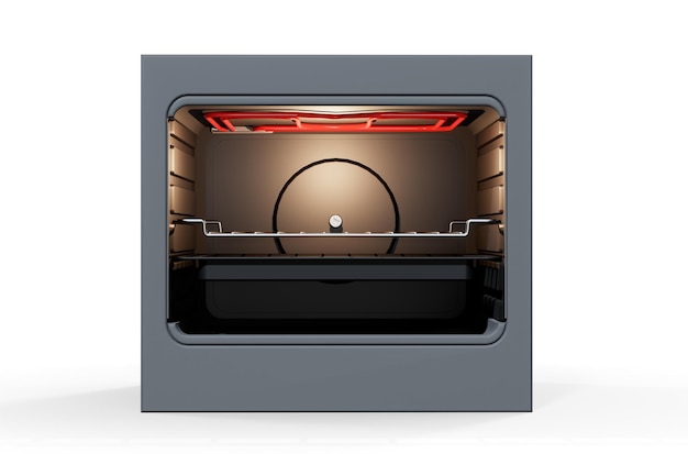 Een open lege huishoudelijke keukenoven met een geborstelde metalen afwerking en moderne verlichte wijzerplaten op een geïsoleerde witte achtergrond 3D-rendering