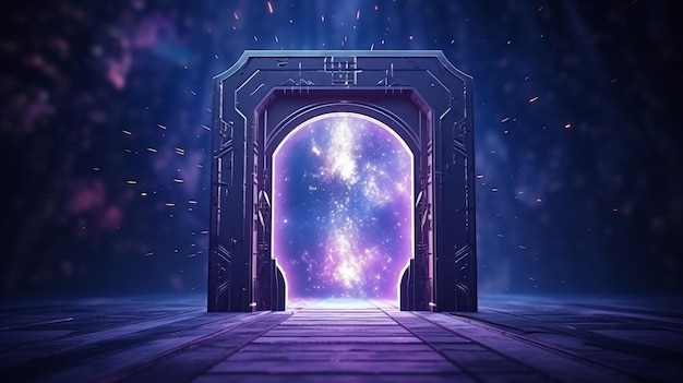 Een open magische deur die een adembenemend uitzicht op de sterrenhemel onthult