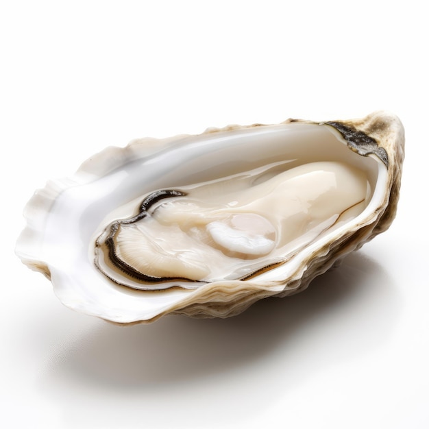 Een open oesterschelp op een witte achtergrond