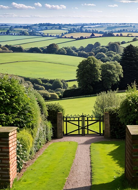 Een open poort met uitzicht op het glooiende Engelse platteland