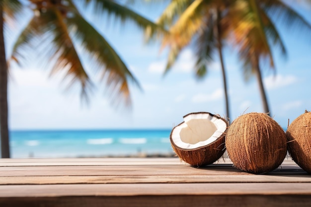 Eén open twee volle kokosnoten aan de zijkant van de houten tafel op een wazig strand achtergrond groene palmbomen