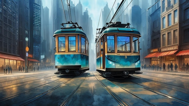Een openbaar tramvervoer in een futuristische stad van de toekomst
