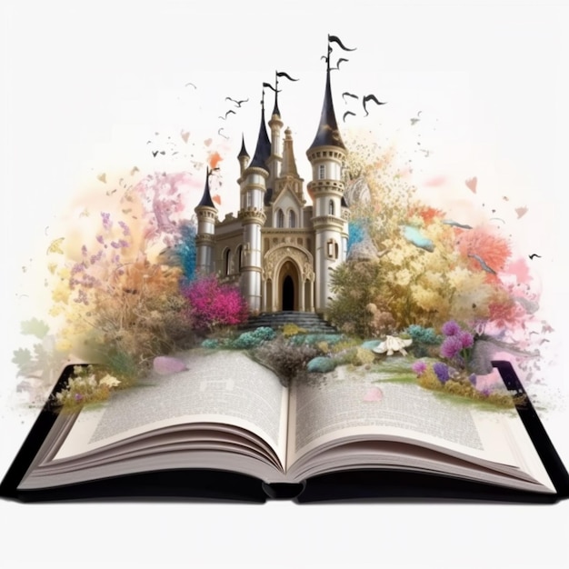 Een opengeslagen boek met daarop een kasteel en rondvliegende vogels generatieve ai