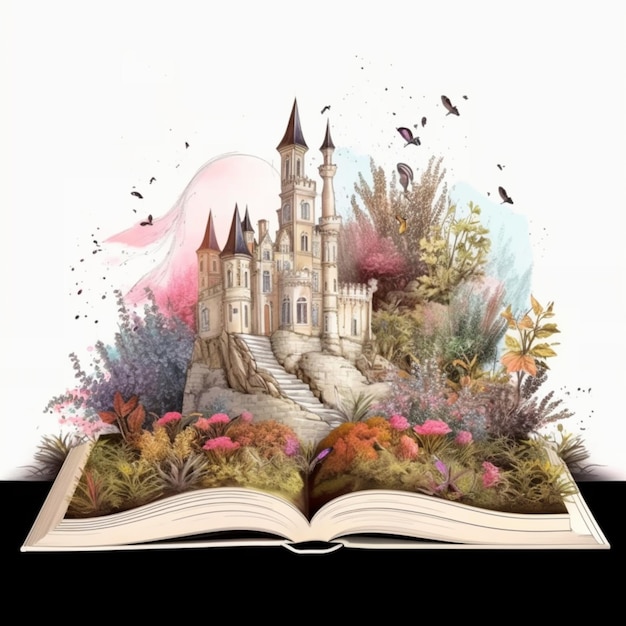 Een opengeslagen boek met daarop een kasteel omgeven door bloemen generatieve ai